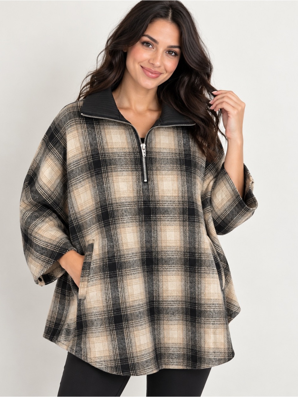 BLANK NYC Revolve checked out plaid poncho cape jacket quarter zip with armholes